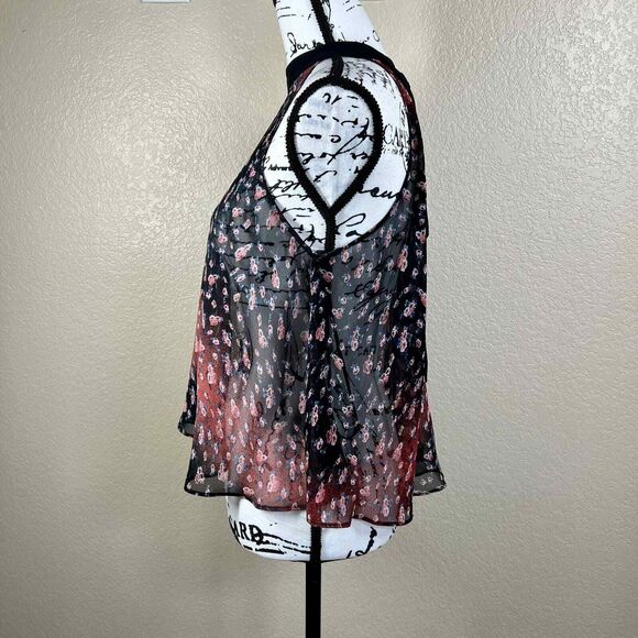 BCBGeneration Black top Pink Sheer Floral Garland Neck Tunic Tank Blouse size S - Picture 14 of 14